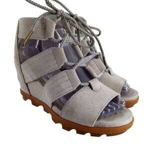 Sorel Joanie II Wedge Lace Up Leather Sandals Size 6.5 Beige Gladiator Kinetic